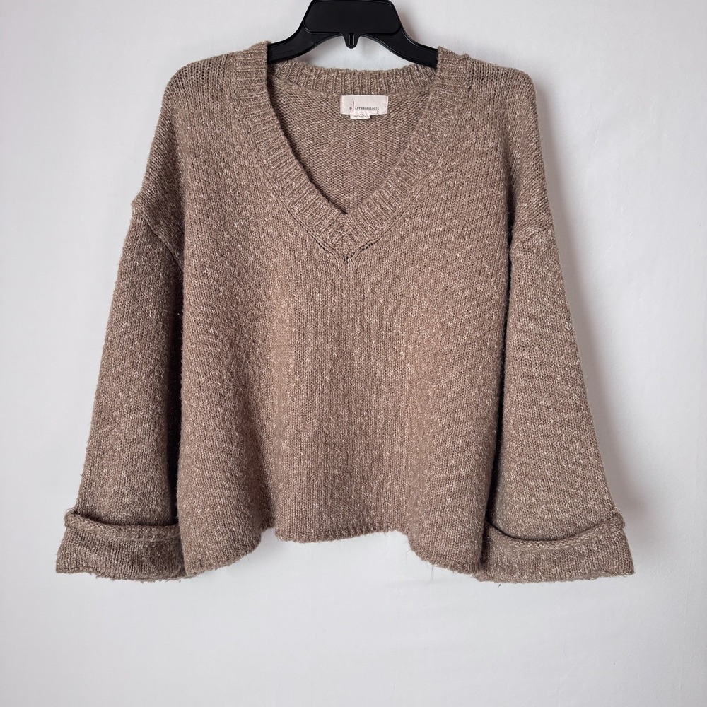 Anthropologie Sweater Womens XS Brown V Neck Chunky Knit Oversized Pullover Boxy